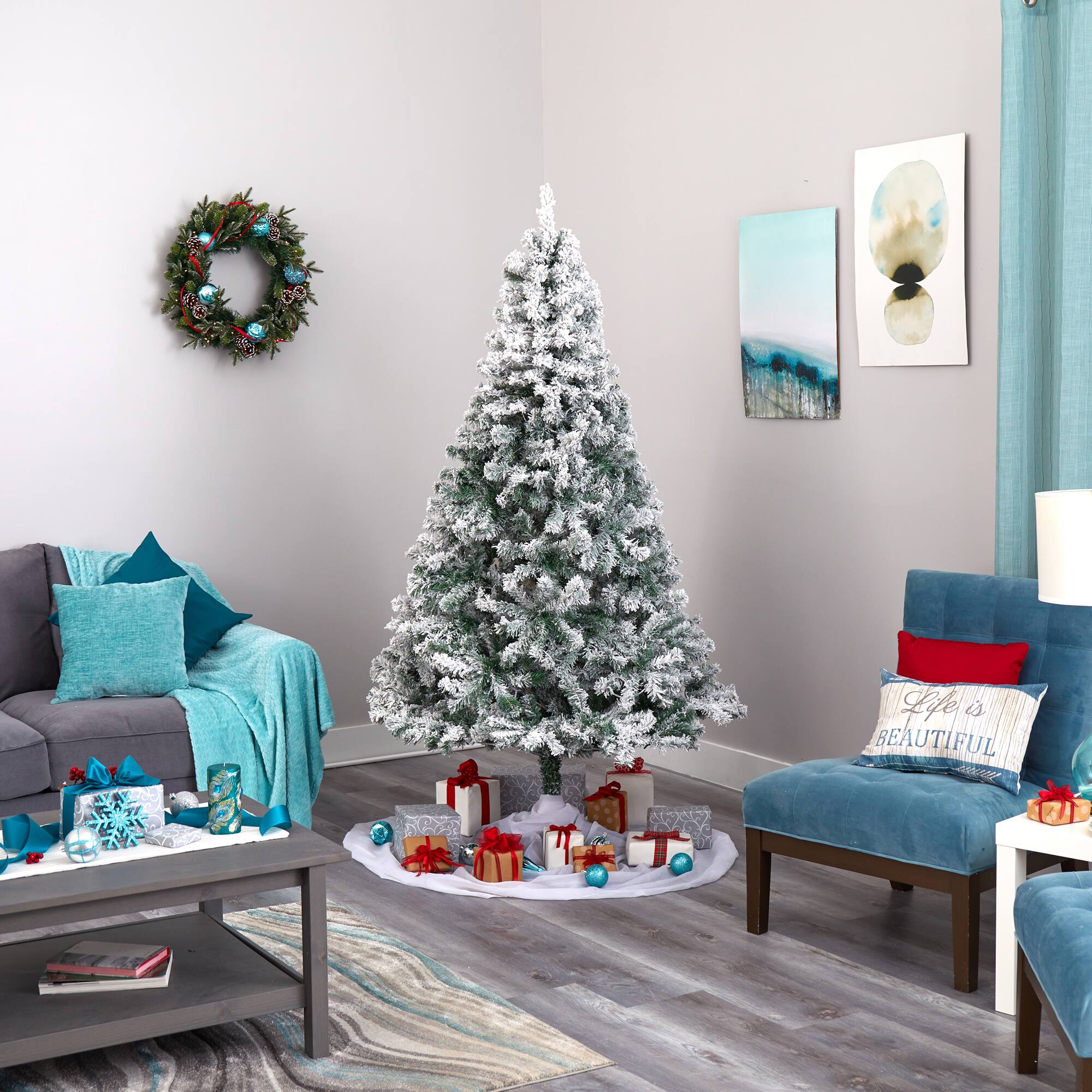 7ft. Pre-Lit Flocked Rock Springs Spruce Artificial Christmas Tree with Clear LED Lights